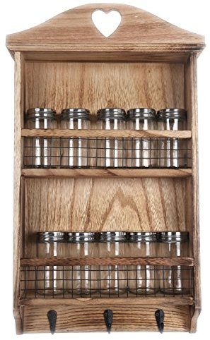 Wooden Wall Hanging Kitchen Herb Spice Rack With 10 Glass Screwtop Jars And 3 Hooks
