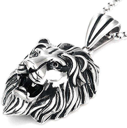 DonDon - Collana da uomo in pelle o in acciaio inox e ciondolo con leone in acciaio inossidabile, in sacchetto per gioielli, acciaio inossidabile, colore: argento, cod. AM04-EM52_us2