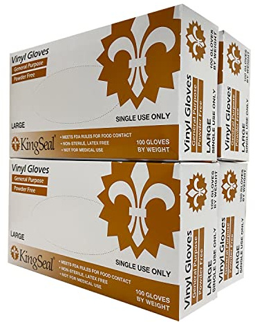 KingSeal LARGE Vinyl General Purpose Disposable Gloves, Powder-Free, 4 mil, Clear - 4 boxes of 100 Gloves by Weight (400 Count)