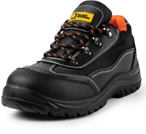 Black Hammer 8821 Men's S1P SRC Water-Resistant Steel Shoes | Smooth action leather upper, steel midsole, breathable mesh lining, anti-static heel, cushioned insole.