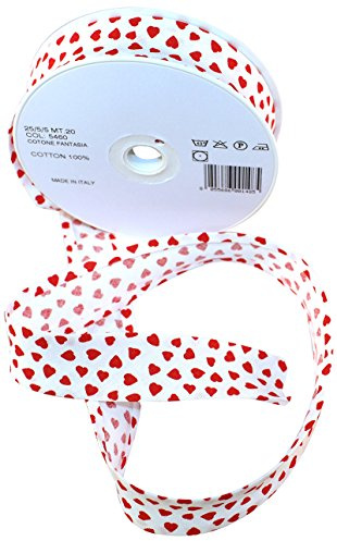 Inastri 25/5/5 mm Cotton Bias Binding 'Love Hearts', Red/White