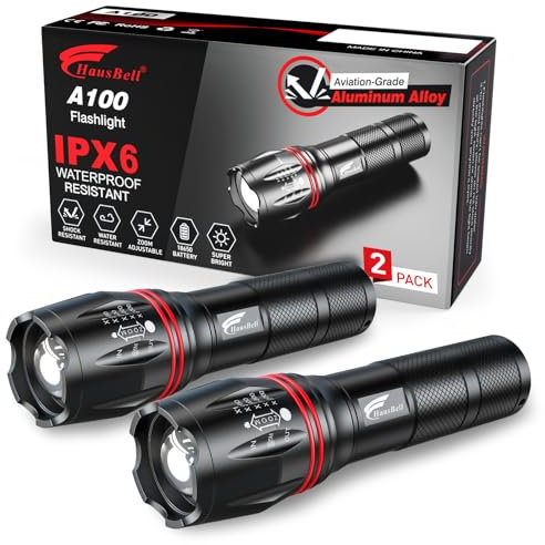 HAUSBELL LED Torch 2000 Lumens (2 Pack), Super Bright Flashlight with 5 Modes, Zoomable Focus, Battery Powered, Water-Resistant Tactical Torch for Camping, Hiking & Emergency Use