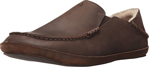 OLUKAI Moloa Slipper, Men's Premium Leather Slip-On Shoes, Soft Genuine Shearling Lining & Gel Insert, Drop-In Heel & All-Day Comfort, Dk Wood/Dk Wood, 9