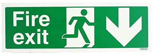 V Safety Glow In The Dark Fire Exit Arrow Down Sign - 300mm x 100mm - Rigid Plastic