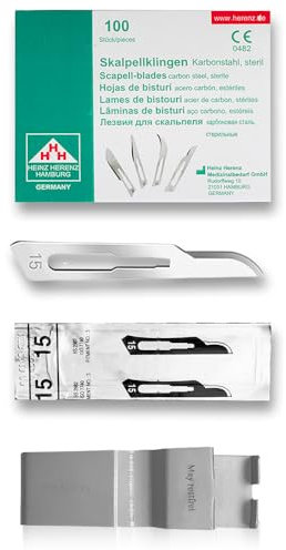 May Skalpellklingen Figur 15 (100 Stück) für Halter Nr. 3 – Sterile Einwegklingen aus Karbonstahl, extrem scharf - inkl. Klingenabzieher
