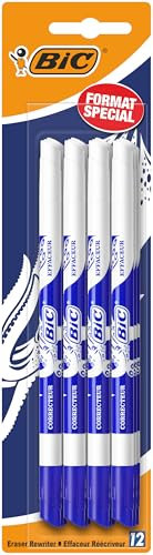 BIC Effaceurs Réécriveurs, Correcteurs Stylos Plumes, Pour l'Ecole, Au bureau ou à la Maison, Couleur Bleu, Blister de 12