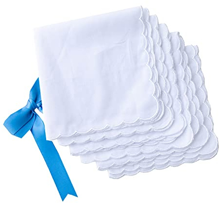 LACS Bulk Solid White Cotton Handkerchiefs Emboridery Scalloped Hankies for Wedding Party DIY Draw Gift 12PCS
