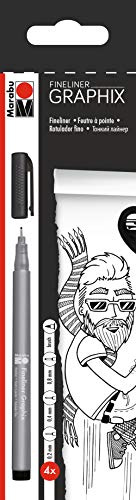 Marabu 0146000000101 - Fineliner Graphix, 4 Stifte in schwarz mit Strichstärken 0,2 mm, 0,4 mm, 0,8 mm und brush, brillante Farbe, wasserbasierte Pigmenttusche, metallgefasste Kunststoffspitze