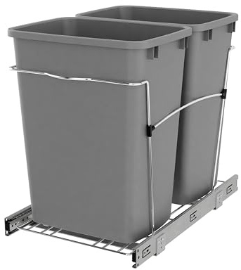 Rev-A-Shelf Double Pullout Trash Can for Kitchen Cabinets 35 Qt Garbage Recycling Bin on Full-Extension Slides, Silver, RV-18KD-17C S
