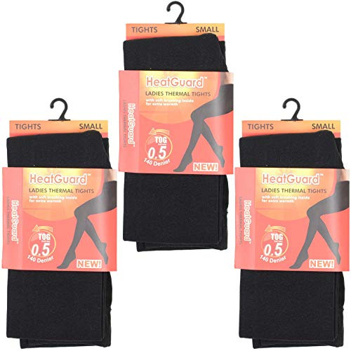 HeatGuard Ladies 3 Pack 140 Denier Thermal Tights | 0.5 TOG Warm Winter Tights | Soft Brushed Inner | 90% Polyester 10% Elastane (UK, Alpha, S, Regular, Regular, Black)