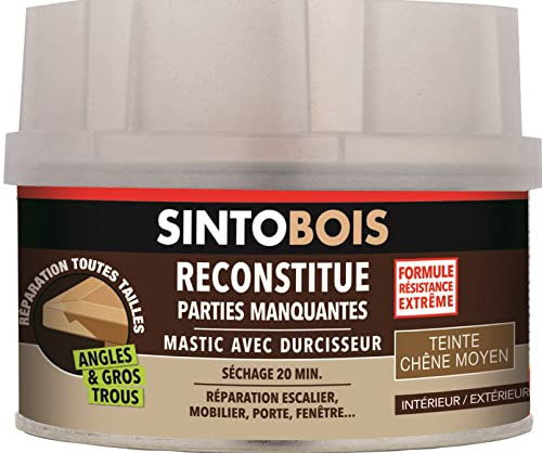 SINTOBOIS - Pâte à Bois - Angles et Gros Trous - Reconstitue les Parties Manquantes - Intérieur Extérieur - Haute Résistance & Adhérence - Sec en 20min - Chêne Moyen - Technique Professionnelle - 550g