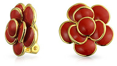 Rosso Smalto Rosa Fiore Primavera Retrò Clip Su Stile Orecchini A Bottone Per Le Orecchie Non Forate 14K Oro Placcato Ottone