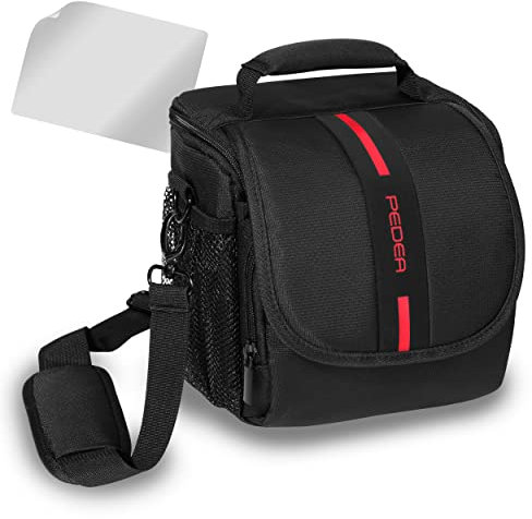 PEDEA DSLR-Kameratasche Essex mit Displayschutzfolie für Canon EOS 5D 5D Mark II 400D 2000D / Nikon D60 D80 D90 D3100 D3200 D3300 D3400 D5300 D7100 / Pentax K 30 K 50 K 500, Gr. M schwarz/rot