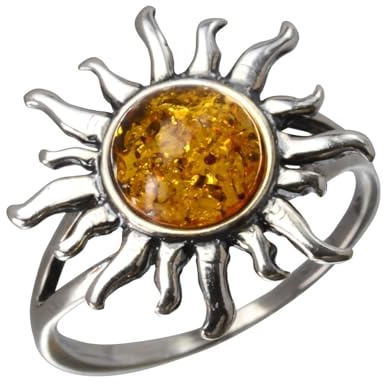 HolidayGiftShops GIA Certified Sterling Silver and Baltic Honey Amber Sun Adult Ring- size 6