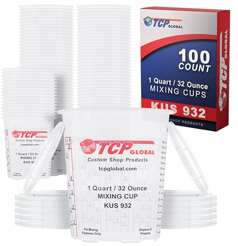 Custom Shop Paint Mixing Cups, 32-Ounce (Box of 100) - Plastic Measuring Cups for Liquids, Automotive Painting, Epoxy Resin, Acrylic Arts, Crafts, Disposable or Reusable, Graduated, Mixing Ratios