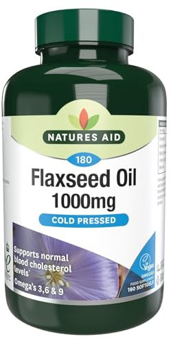 Natures Aid Flaxseed Oil 1000mg – High Strength Omega-3 Softgels – Supports Heart & Brain Function – Vegan, Non-GMO, Gluten-Free – Cold Pressed Essential Fatty Acids – 180 Capsules