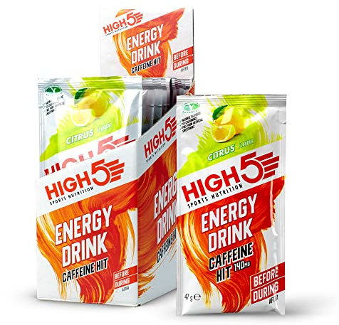 HIGH5 Caffeine Energy Drink, Electrolytes, Isotonic Hydration,Citrus,12x47g | Sport energy drink powder with a 2:1 fructose ratio. Natural flavours, vegan formula for running, cycling and endurance.