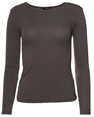 Easy Young Fashion - Damen Basic Rundhals Shirt - Langarm Unterziehshirt - Skinny Fit 1093 - Espresso S