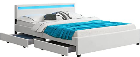 Juskys Polsterbett Lyon 180x200 cm mit Bettkasten, LED Beleuchtung, Lattenrost & Kunstleder, weiß, Bett Bettgestell Doppelbett Ehebett