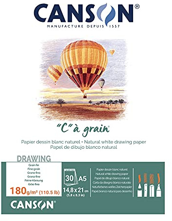 CANSON C à Grain - Bloc 30 feuilles de papier dessin - Grain fin - A5 - 180g/m² - Blanc naturel