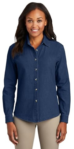 Port & Company Women's Long Sleeve Value Denim Shirt-LSP10-M-Ink Blue