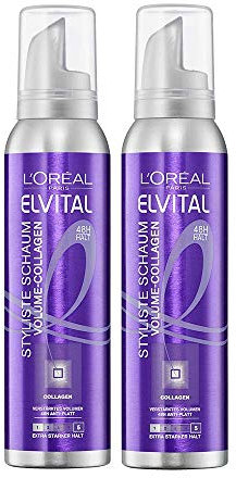 L'Oréal Paris Elvital Styliste Schaumfestiger, Haarschaum für XXL-Volumen, Anti-Platt Effekt und ultra starken Halt, Haar Styling Mousse ohne Parabene, Volume-Collagen, Elvital Styliste, 2 x 150ml