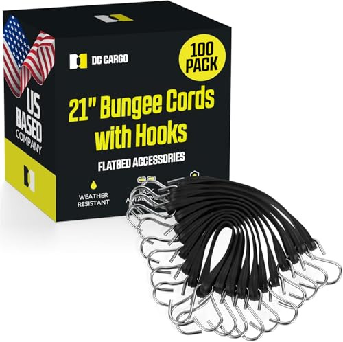 Pack of 50 Tarp Straps for Flatbed Trailers, 21 Long Natural Rubber Bungee Cord Tie-Downs Ideal for Securing Tarps, Canvases, Cargo in Cold Climates | Tie-Downs w/ Metal S-Hooks