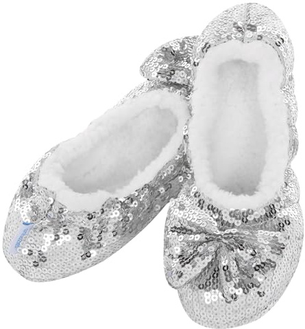 Snoozies! Silver Ballerina Bling Women’s Slippers – Sparkly Sequin Design, Soft Sherpa Fleece, Non-Slip Sole, Size Large (UK 6-7)