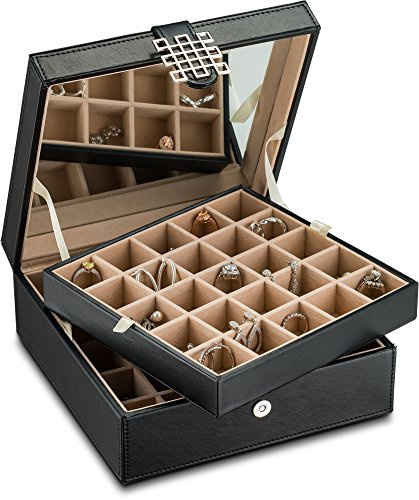 Glenor Co Earring Organizer - Classic 50 Section Jewelry Box/Case/Holder for Earrings, Rings, Necklaces, Jewelry, Cufflinks or Collections -2 Layer Small Compartments with Large Mirror - Black