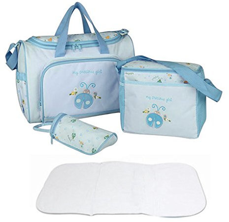 FakeFace Oxford Gewebe Cartoon 4er-Set Babytasche Wickeltasche Mutter Windeltasche Handtasche Schultertasche Flaschenhalter (Blau Marienkäfer)