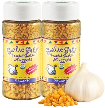 Garlic Gold Toasted Nuggets, Crunchy Roasted Garlic Seasoning, USDA Certified Organic Salad Topper, Keto Paleo Friendly (2.1 Ounces, 2 Pack)