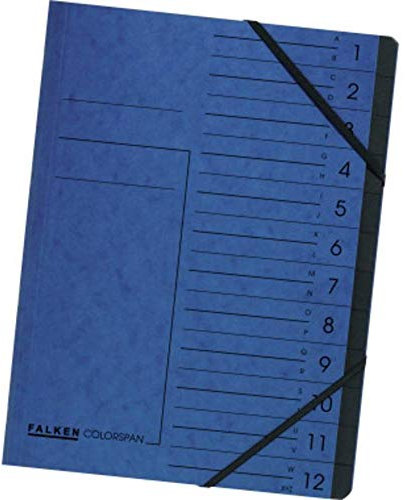 Original Falken Premium Ordnungsmappe. Made in Germany. Aus extra starkem Colorspan-Karton DIN A4 12 Fächer und 2 Gummizüge mit Organisationsdruck blau Ringmappe Register-Mappe