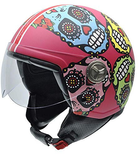 NZI Zeta by Maya Hansen Motorradhelm, Mehrfarbig Rosa Hintergrund und Mexican Schädel, 55-56