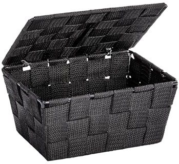 WENKO 22197100 Storage basket Adria Black with lid - bathroom basket, Polypropylene, 19 x 10 x 14 cm, Black
