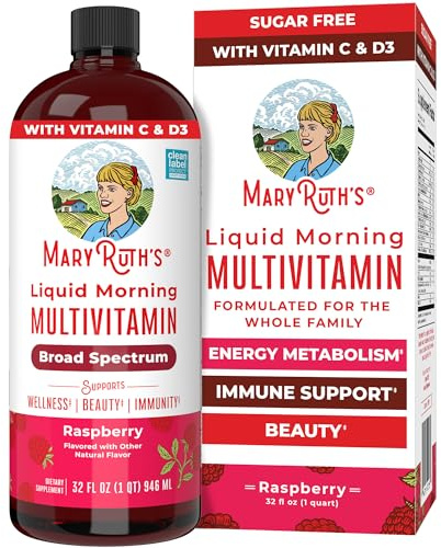 MaryRuth Organics, Liquid Morning Multivitamin Essentials+, Essential Vitamins & Minerals, Sugar Free, Raspberry Flavour, 946ml, Vegan, Gluten Free