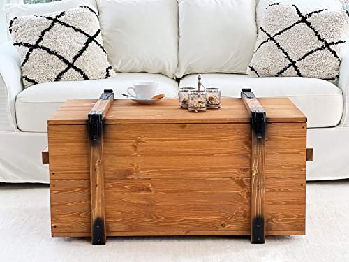 Uncle Joe´s Truhe Couchtisch Truhentisch im Vintage Shabby chic Style aus Massiv-Holz in braun mit Stauraum und Deckel Holzkiste Beistelltisch Landhaus Wohnzimmertisch Holztisch