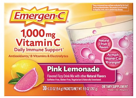 Emergen-C 1000mg Vitamin C Immune Support Powder Pink Lemonade 30CT includes Zinc, Manganese, 7 B Vitamins and Electrolytes for Back to School Essentials