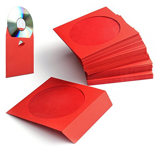 Flexzion DVD CD Sleeves 100 Pack - Premium Paper CD Sleeves for Blank CDs for Burning Music Movie Video Game Disc - Thick Disc Sleeve CD Envelopes Storage with Window Cutout and Flap, Red