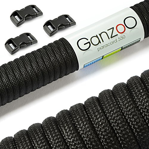 Ganzoo Paracord 550 Set, 30 m 4 mm Seil, schwarz, Typ 3 Nylon-Polyester Kordel mit 3 Klickverschlüssen 3/8 Zoll 10 mm, für Outdoor-Zubehör, Bastelprojekte, Knüpfen