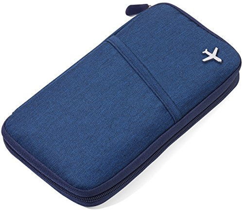 TROIKA SAFE FLIGHT - TRV20/DB - Etui für Reisedokumente - mit Ausleseschutzfolie (für RFID-Chips) - Reißverschluss - 12 Innenfächer - Stiftschlaufe - Polyester - dunkelblau/orange