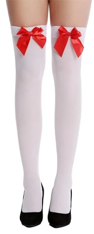 Crazy Chick® Ladies Girls Thigh High Hold Up Stocking With lace Satin Bow Over Knee Socks Daily Dress Party Favours (White With Red Bow)