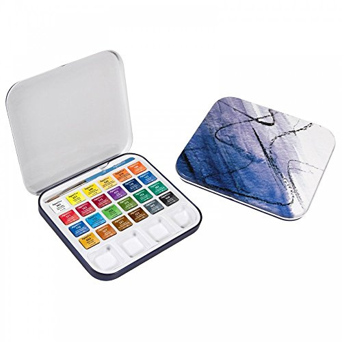 Daler-Rowney Aquafine Watercolour Paint, Metal Tin, Half Pan - Half Pan, Travel Set, 24 Assorted Colours + 1 Aquafine Watercolour Brush