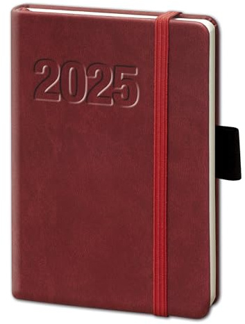 Möteskalender veckoplanerare fickkalender bokkalender, 2025, ca A6, rött, mjukt konstläder, med gummiband, 1 vecka = 2 sidor, bsb V-Book 02-0131