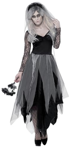 Smiffys Graveyard Bride Costume, Black with Dress & Rose Veil, Halloween Adult Fancy Dress, Adult Dress Up Costumes