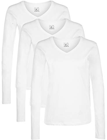 Berydale Maglietta a maniche lunghe con scollo a V in 100% cotone, Donna, Bianco (confezione da 3), S