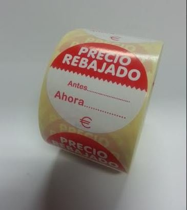 500 Etiquetas PRECIO REBAJADO... Antes ... Ahora.. €. En papel blanco e impresas en rojo, de 50 mm. de diámetro. (se suministran en 1 rollo)