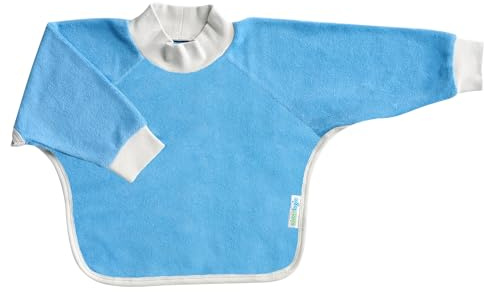 Kiddologic Bibit-all Baby Feeding Bib, Long Sleeves with Ribbed Cuffs and High Collar, Comfortable Stretchy Pullover Smock, Soft Absorbent Terry, Waterproof Lining, Infant Boy 6-12 Months, Sky Blue