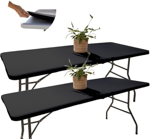 GLOP Set 2 Tovaglie Nere Rettangolari con Elastico [183 x 76 cm] - Kit 2 Copritavoli Antimacchia Lavabili per Catering, Fiere, DJ e Mercatini - Fodere Tavolo 6 Posti No Stiro - Coperture Spandex