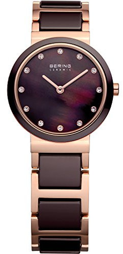 BERING Damen Quarz Uhr | Armbanduhr 22 mm roségoldenes Edelstahlgehäuse und braunes Zifferblatt | Edelstahlband mit Keramikelementen | 5 ATM | 11422-765