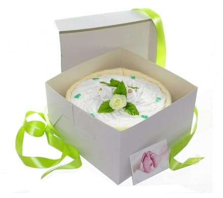 Neutre gâteau de couches dans cakebox – Cadeau de Naissance, Baby Shower & Baby Rainshower – dubistda